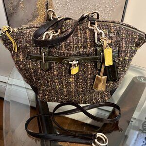 Coach Chelsea Bouclé Emerson Convertible Satchel Brown Tweed Leather Bag